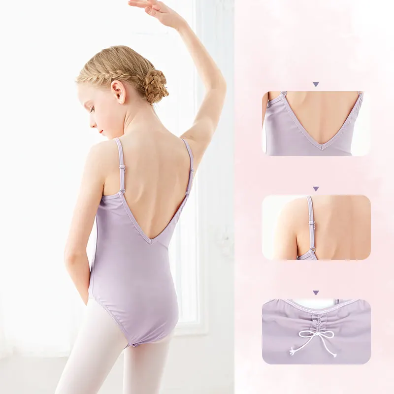 Ballet Leotards Girls Gymnastics Leotard Camisole Leotards Drawstring V Back Nylon Dance Leotards Ballet Bodysuit For Girls