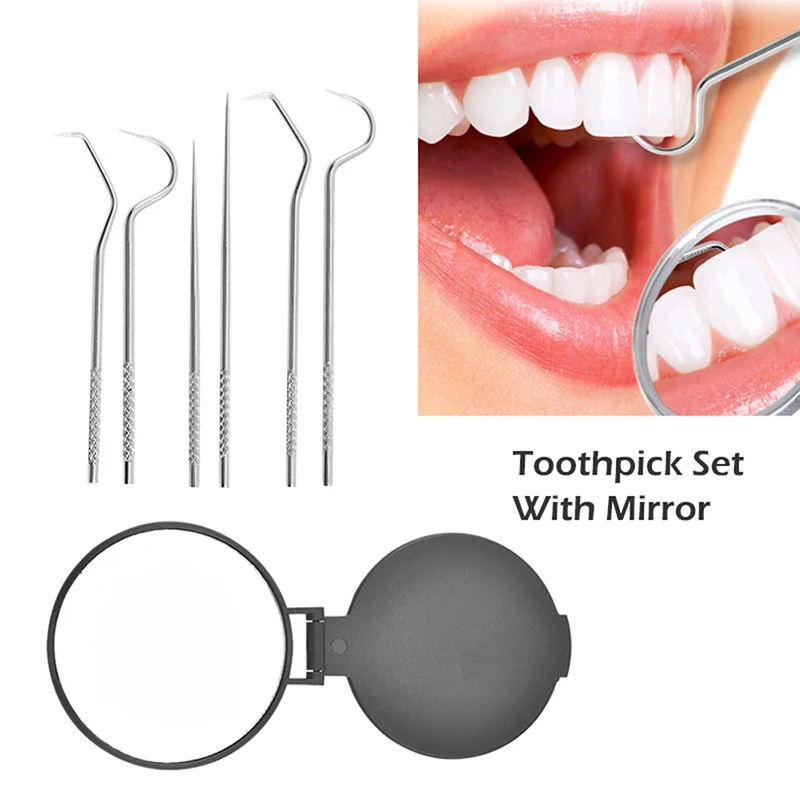 

3/6/7Pcs Toothpick Set Metal Stainless Steel Oral Cleaning Tooth Flossing Portable Toothpick Floss Teeth Cleaner with Mirror