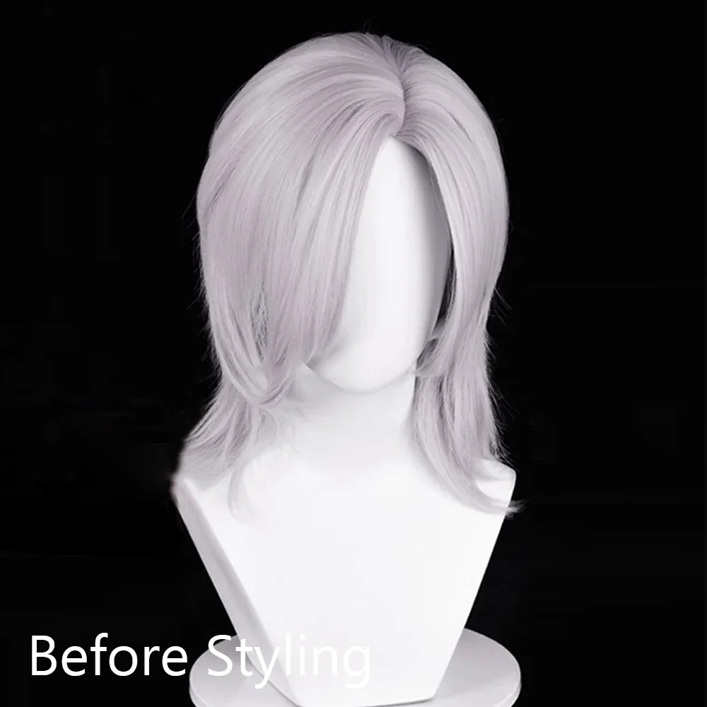 Короткий прямой синтетический серебристо-белый парик пушистый мужской