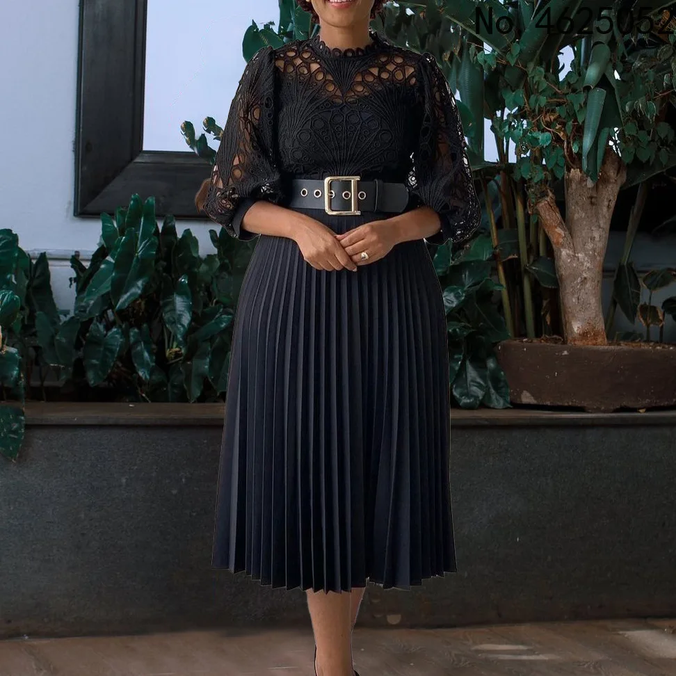 

Summer Midi Pleated Dress Short Sleeve Office Lady Africa Sashes Women High Waist Elegant Dresses Vestidos