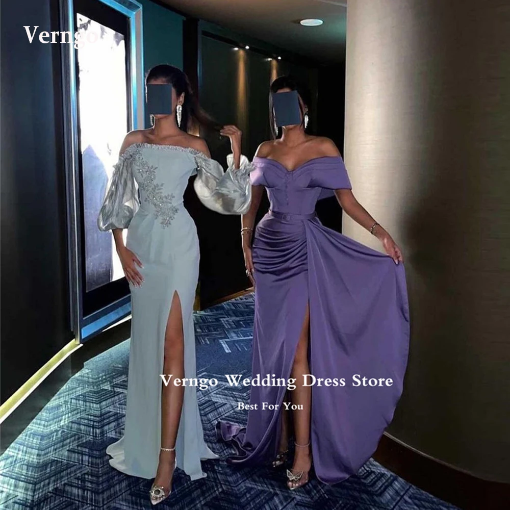 

Verngo Elegant Light Blue Mermaid Prom Dresses Puff Long Sleeves Off the Shoulder Split Saudi Arabic Women Formal Evening Gowns