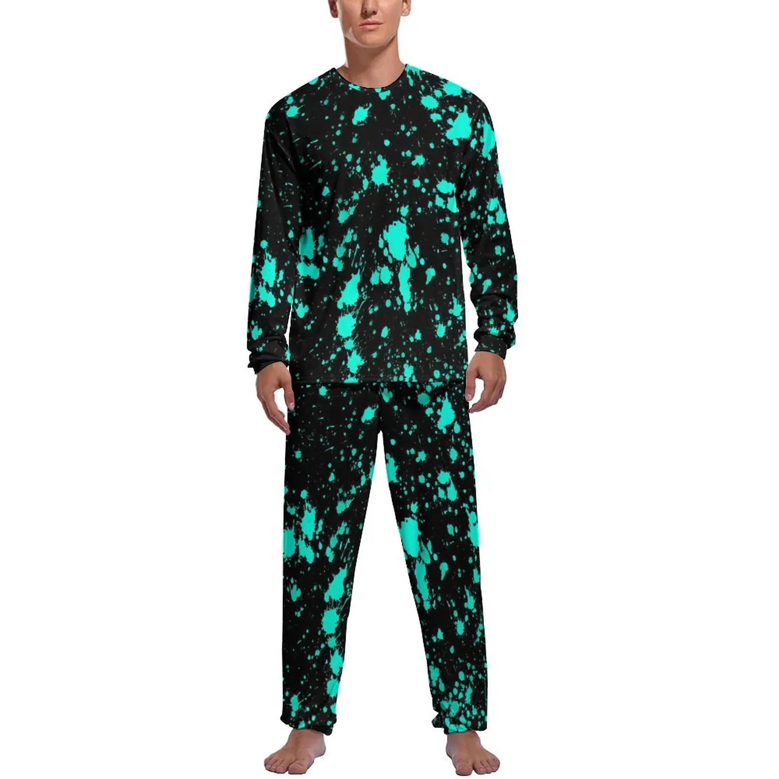 

Paint Splatter Artistic Pajamas Autumn Two Piece Blue And Black Elegant Pajamas Set Men Long Sleeve Aesthetic Printed Nightwear