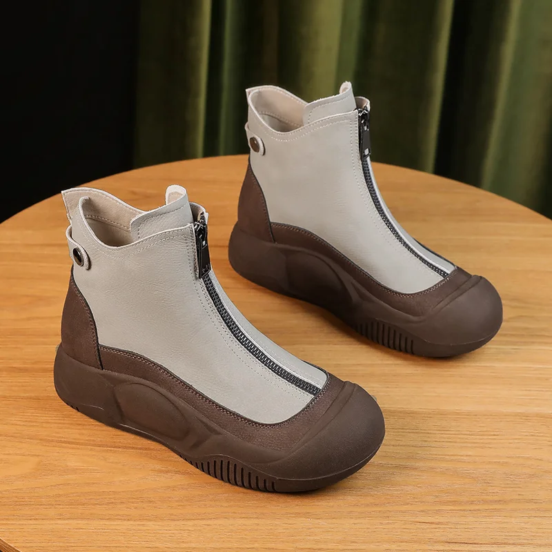 

2023 35-43 Large Women's Shoes Genuine Leather Retro High Top Shoes Women's Winter New Thick Sole Cake Short Boots for Women
