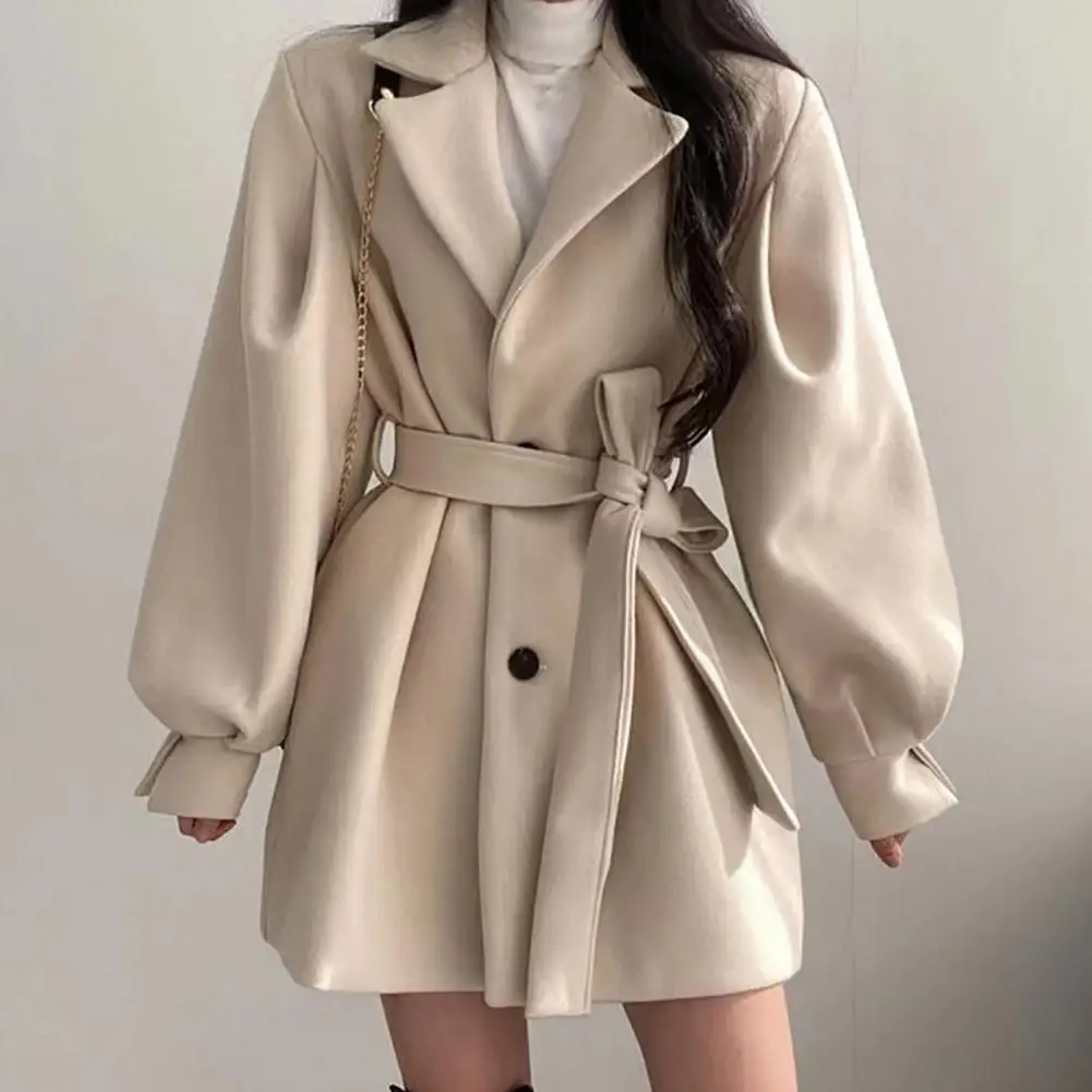 

Women Winter Coat Turn-down Collar Lady Coat Tight Waist Thicker Buttons Belt Cardigan Autumn Coat Female Clothes