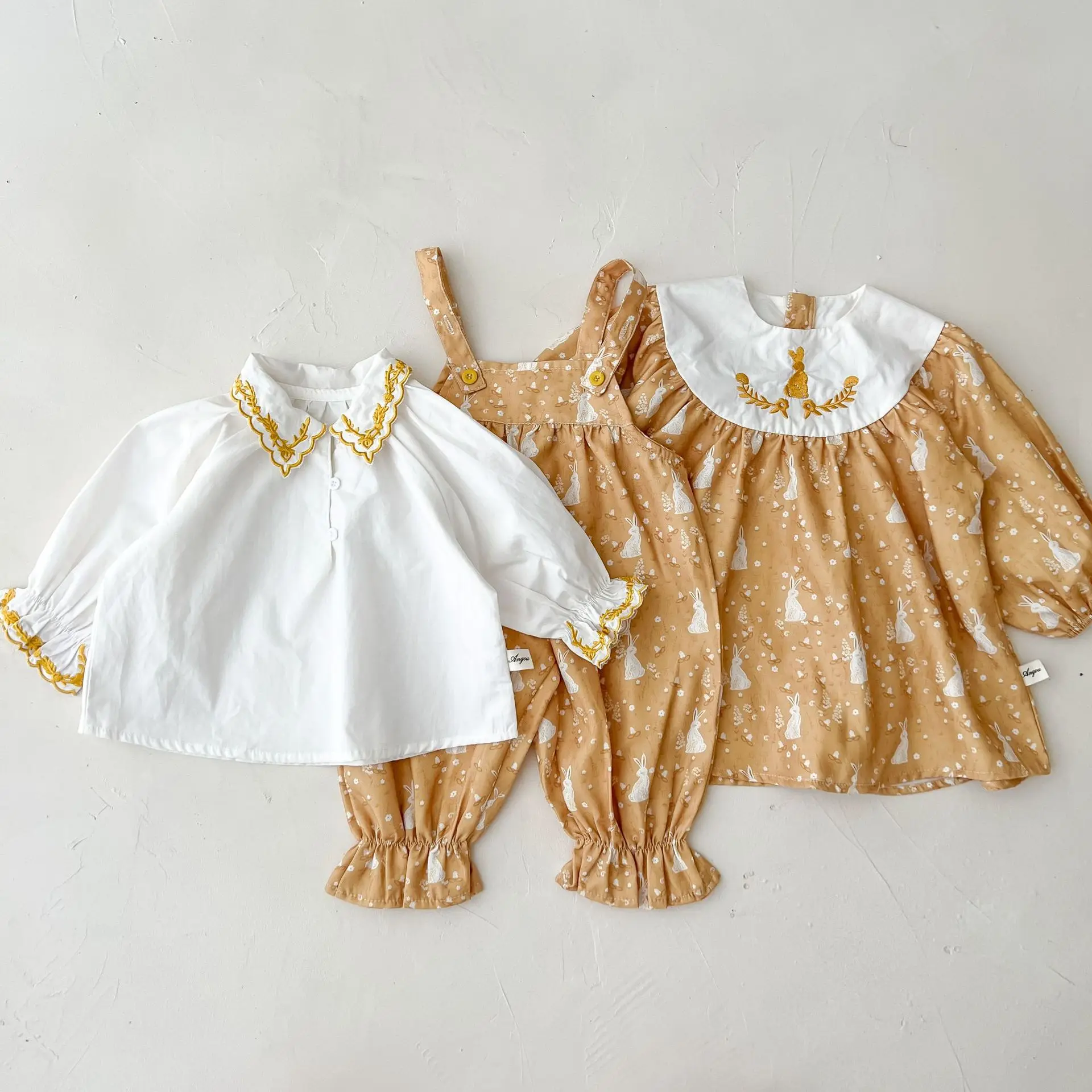 

Baby Girl Cute Rabbit Princess Dress Infant Fashion Print Overalls Girls Solid Flower Embroidery Turndown Collar Shirt