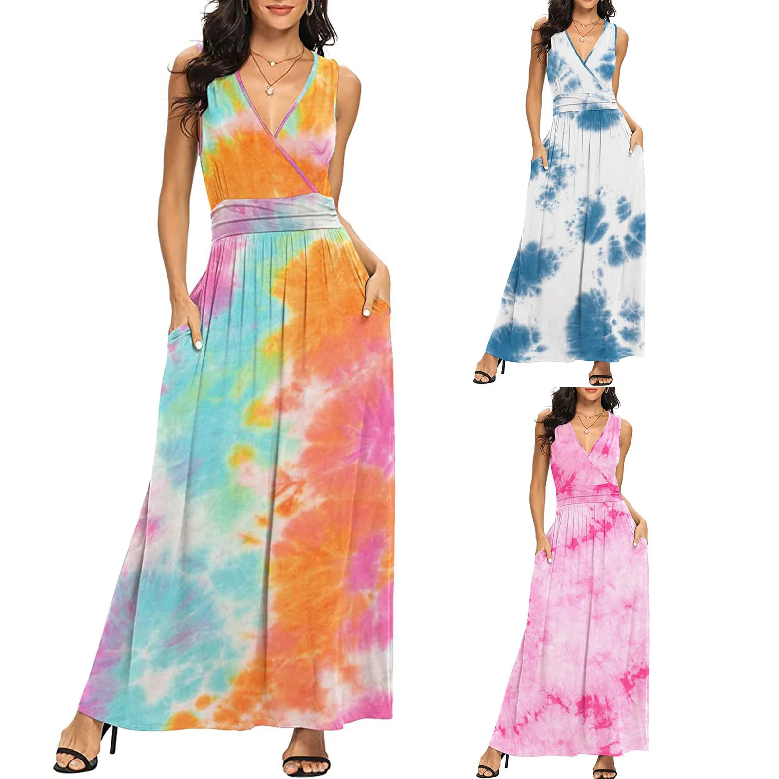 

Женское длинное трикотажное платье без рукавов, с V-образным вырезом