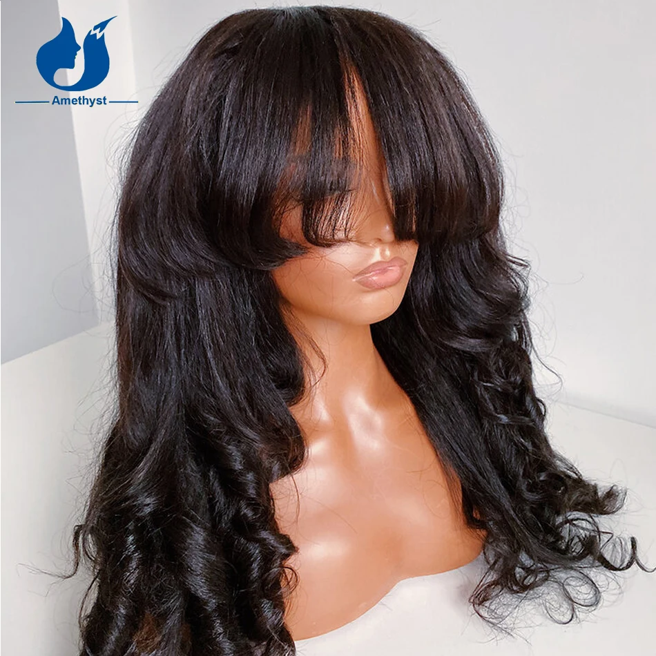 200% Loose Curly Yaki Wig With Bangs 100% Human Hair For Women Scalp Top Full Machine Made Wave Wig Brazilian Remy Amethyst