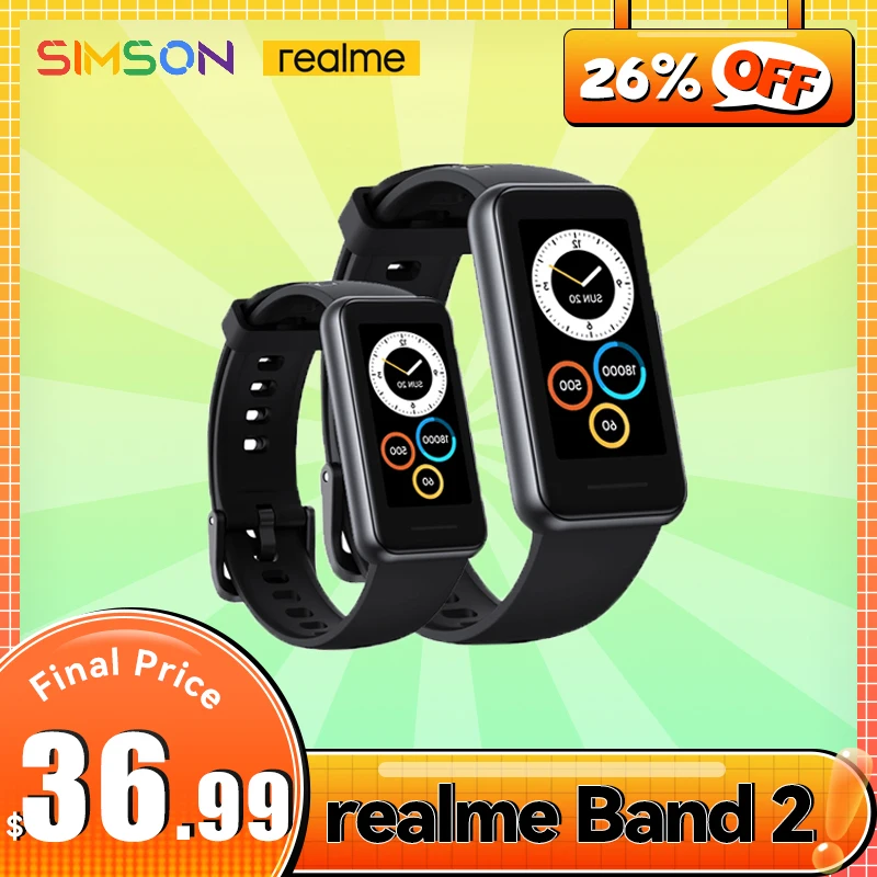 Умным браслетом realme Band 2 5 ATM водонепроницаемые 1.4 большим цветным экраном SpO2