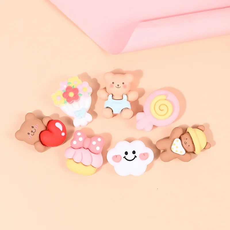 

10pcs Diy Resin Flatback Bear Candy Flower Kawaii Miniature Accessories Scrapbooking Cabochons Flatback Dollhouse Mini Figurines