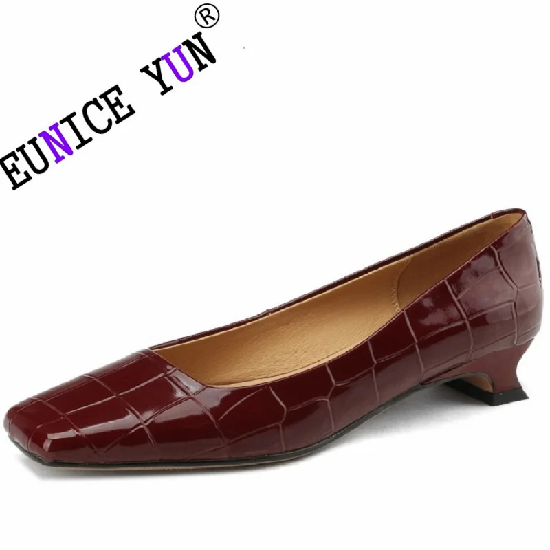 

【EUNICE YUN】Women Brand Genuine Leather Square Toe Thin High Heel Fashion Shallow Pumps Ladies Spring Autumn Plaid Shoes