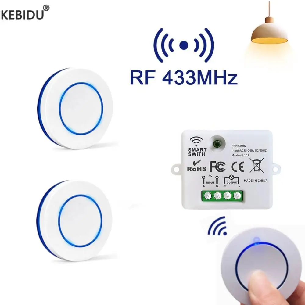 Беспроводной Радиочастотный переключатель дистанционного управления 433 МГц, 10 А, 220 В, релейный приемник, настенный мини-переключатель с круглой кнопкой для светодиодной подсветки, вентилятора