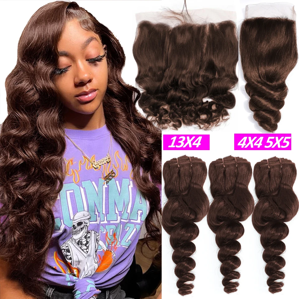 

Chocolate Brown 13x4 Lace Frontal with Bundles Loose Wave Human Hair Bundles with 4x4 5x5 Closure Lace Frontal Remy Hair