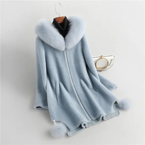 

100% Wool Coat Women Winter Sheep Shearling Jacket Fox Fur Collar Elegant Jackets and Coats Casacas Para Mujer SGG891
