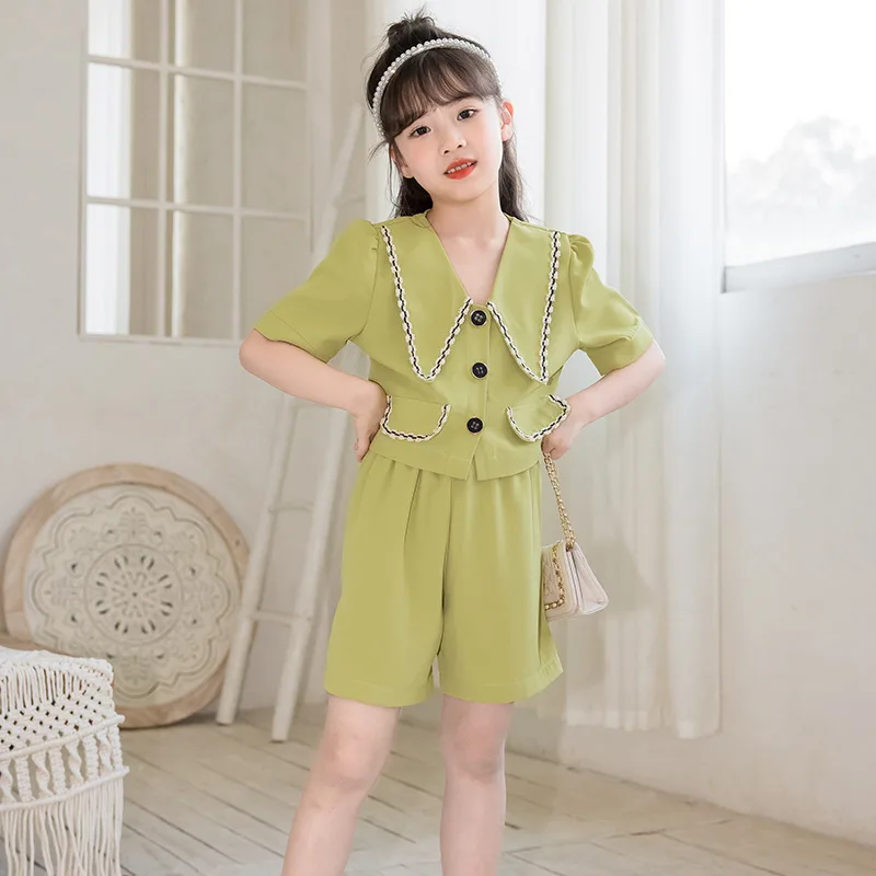 

Girls Summer 2023 New Clothing Set Kids Shirts And Shorts Two-Piece Set Fashion Casual Solid Color Green Suits Single Breasted