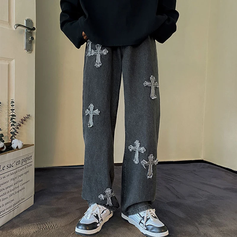 Vintage Wide Leg Jeans Men Fashion Loose Straight Casual Jean Retro Cross Print Trousers 2023 Spring Summer Male Y2k Streetwear