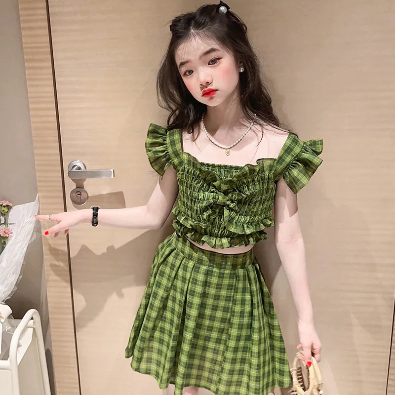 

Милые комплекты с юбкой в клетку для девочек, Летний зеленый топ с открытыми плечами и плиссированная юбка, детские костюмы