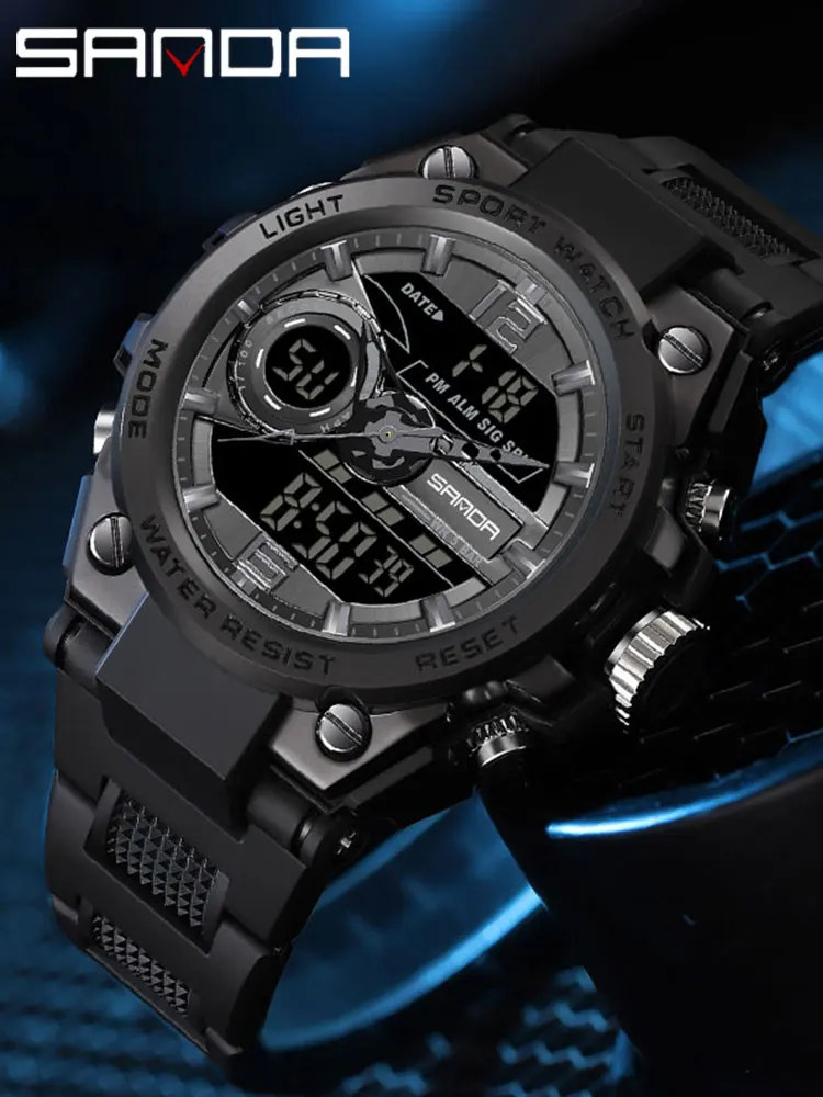 

SANDA Military LED Digital-watch Men's Sports Army Waterproof Dual Display Multi-Time Zone Quartz Watch Men Relogio Masculino