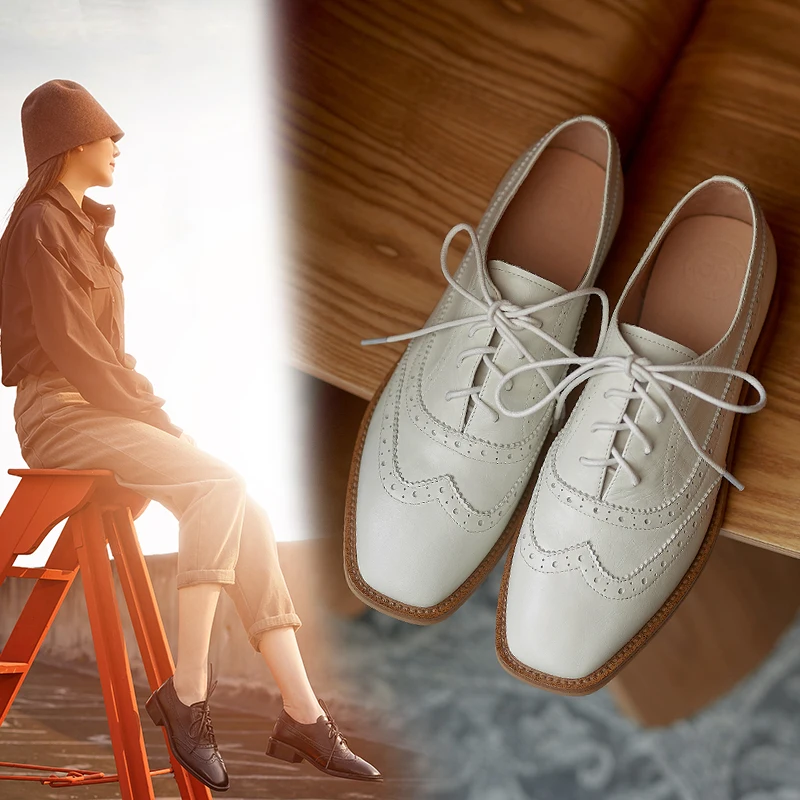 

2022 New Genuine Leather Women's Shoes Retro Lace-Up Brogue Oxford Shoes Spring Square Toe Thick Heel Heels Shoes Woman