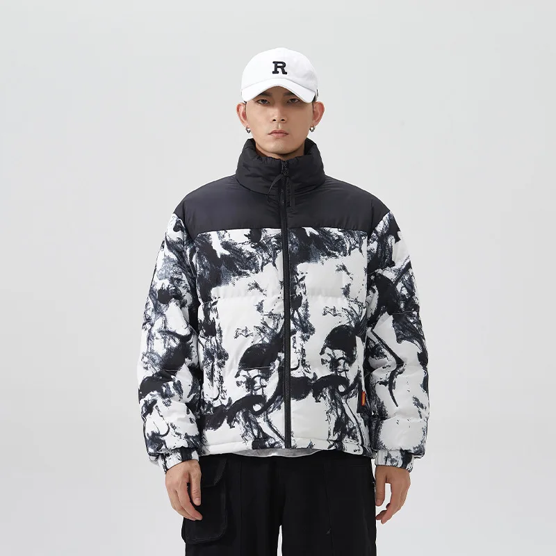 Couple winter Coat Men's Fashion Stitching Printed Stand-collar Cotton Jacket Thick Warm Jacket Short Couple Clothes