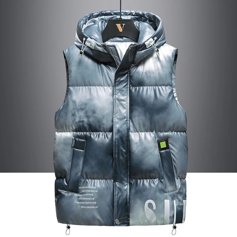 

M-8XL 2022 Winter Men Down Vest Hoodies Loose Thicken Down Jacket Warm Windproof Coat Tie-dyed INS Casual Outerwear