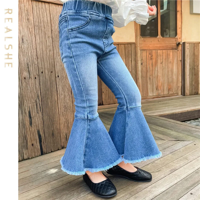 

2023 New Kids Girls Jeans Solid Stretch Denim Trousers for Girls Flare Pants Children Clothing Outer Wear Jeans Pants