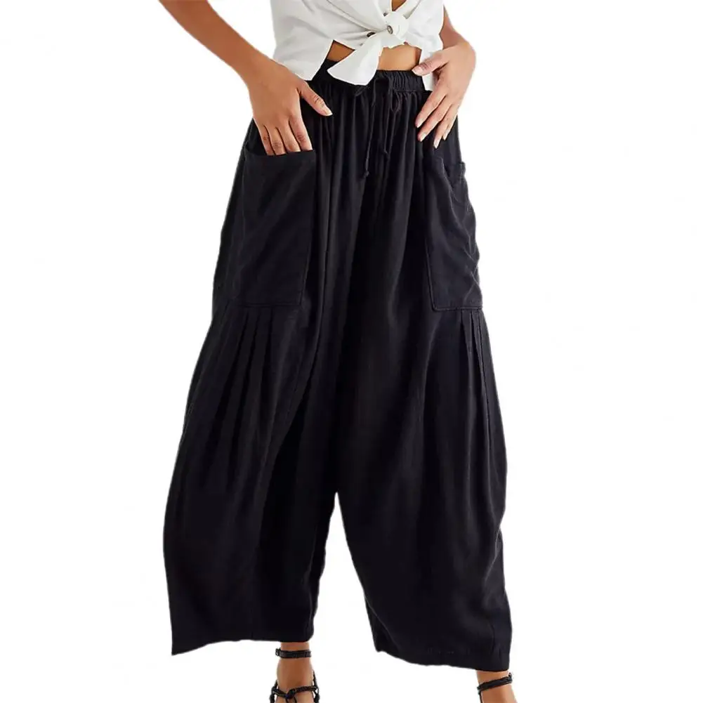 

Cropped Pants Women Elastic Waist Pockets Pleated Wide Leg Drawstring Loose Mid-calf Length Summer Trousers Women Clothing 2023