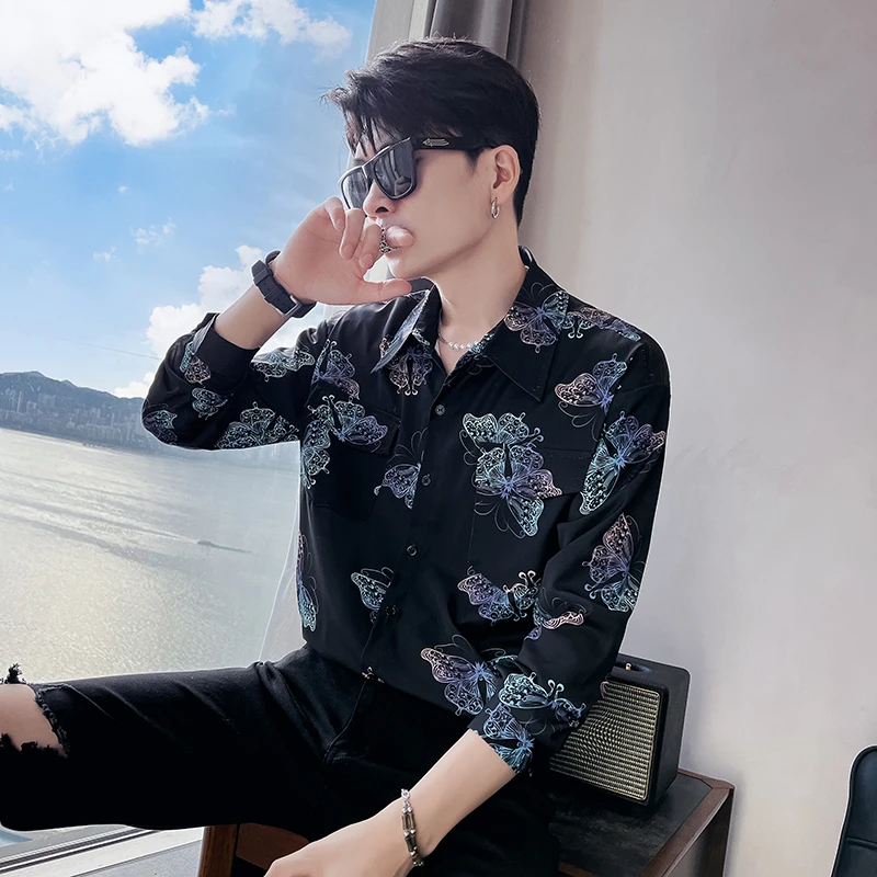 2023 New Dress Shirts Men Slim Fit Chinese Style Print Silk Shirt Spring and Autumn Long Sleeve Casual Shirts Male Clothing E80