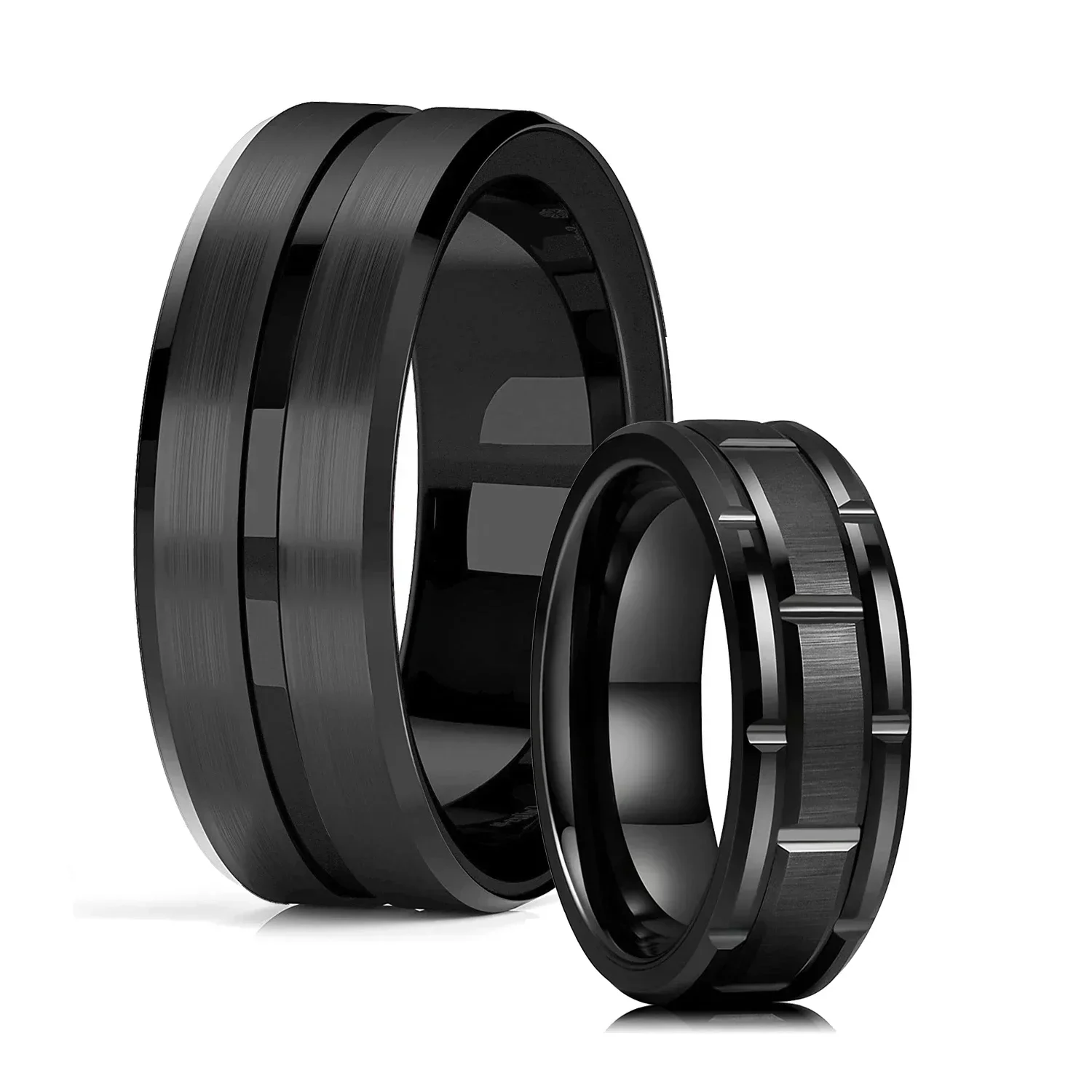Classic Men's 8mm Black Tungsten Wedding Rings Double Groove Beveled Edge Brick Pattern Brushed Stainless Steel For Men
