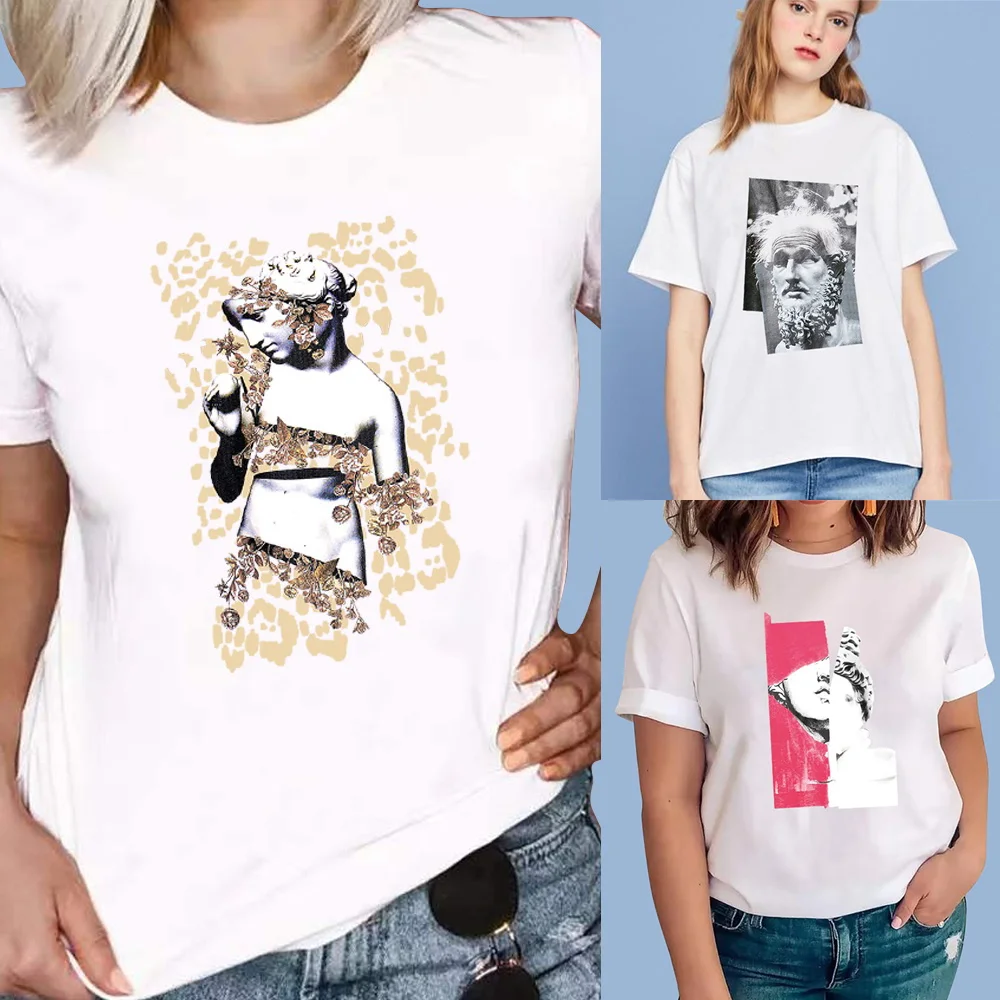 

Fashion Loose T-shirt Street Elegant Casual Short Sleeve T-shirt Women's Sculpture Print Top O-neck Comfortable Loose Clothing
