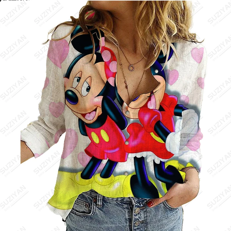 

Summer Disney 3D Printed Women's Long Sleeve Shirt Casual Elegant Button Cardigan Mickey Mouse Minnie Chiffon Shirt Breathable