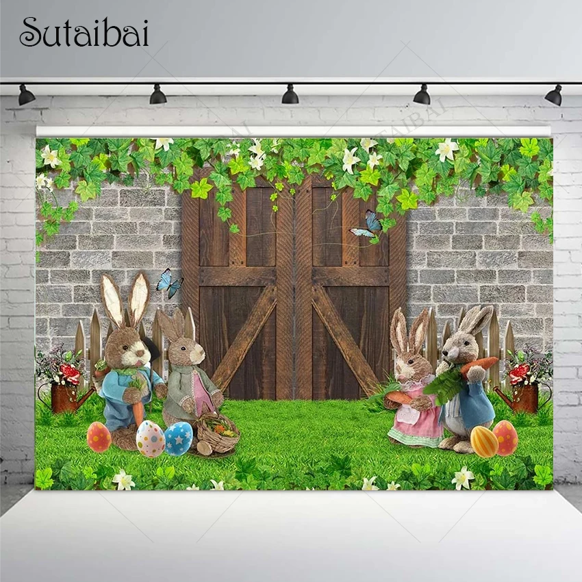 

Easter Bunny Party Backdrop Retro Wooden Door Spring Green Grass Photo Rabbits Carrot Deco Newborn Kid Shower Banner Booth Props