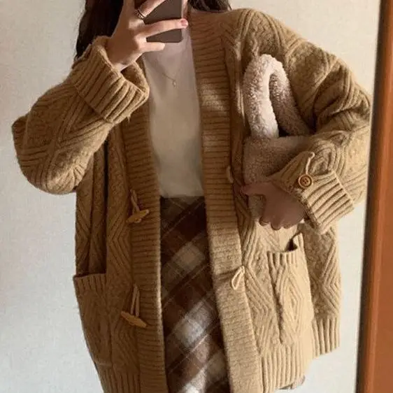 

Женский свитер с роговыми пуговицами Y2k, Свободный кардиган, вязаный крючком Топ, пуловеры для девочек, весна, осень, зима, джемпер, джемперы