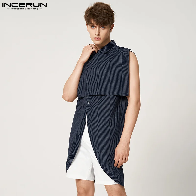 

INCERUN Handsome Well Fitting Tops New Men Sleeveless Stripe Shirts Vintage Casual Summer Male High Split Long Shirts S-5XL 2023