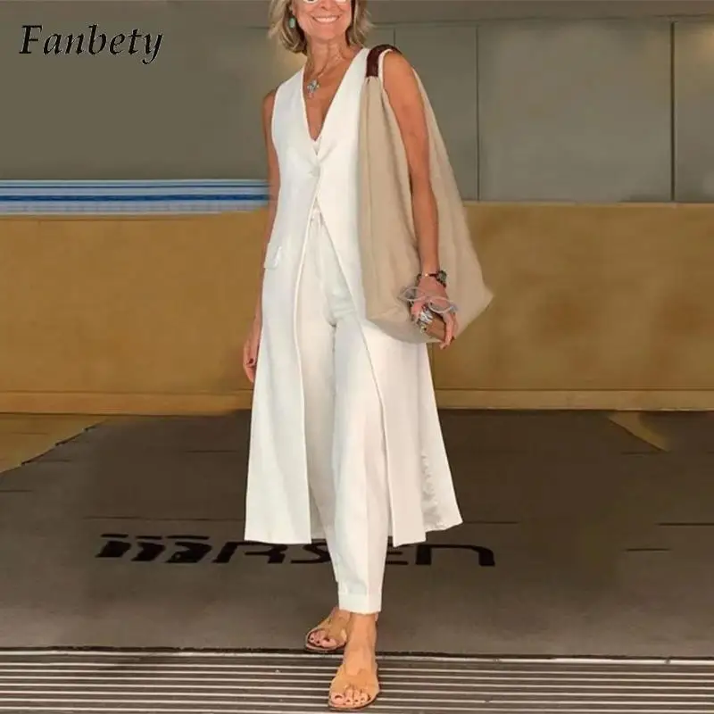 

Женский элегантный однотонный костюм, длинный жилет с разрезом и брюки с высокой талией, модный костюм с V-образным вырезом, Женский Повседневный костюм из двух предметов, лето 2023