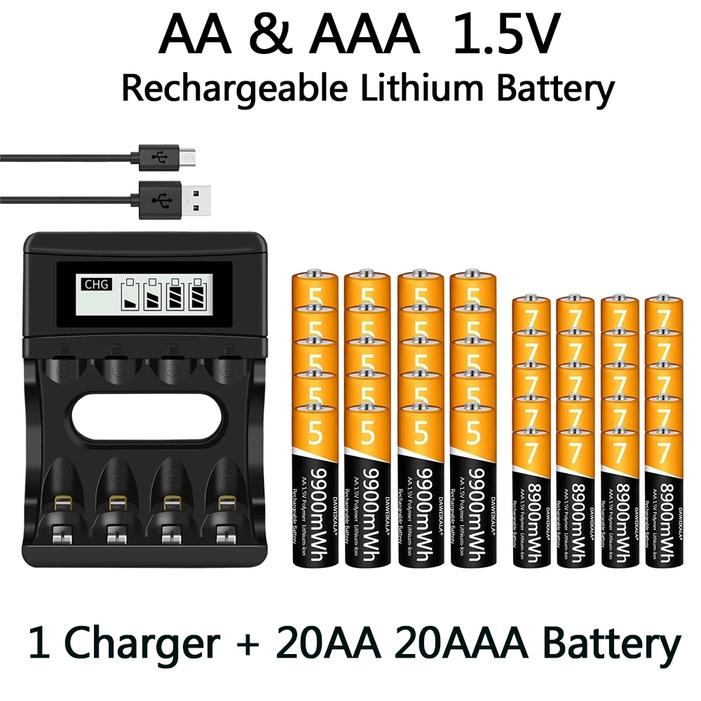 

100% original AA AAA battery, 1.5V lithium-ion rechargeable battery, 9900MWh, 1.5V, AA, AAA, USB charger, long service life
