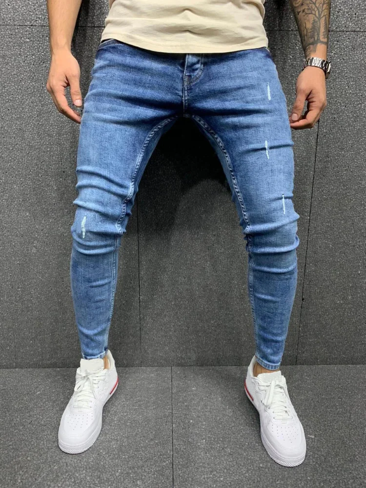 New Men's Jeans Four Seasons Blue Men's Frayed Stretch Jeans Beach Casual Pants Denim Cotton Pants Slim Pencil Pants for Men