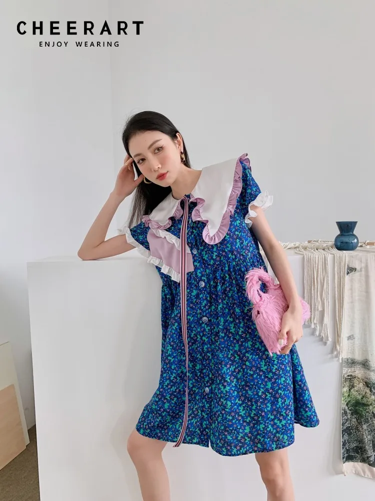 

Летнее короткое платье CHEERART с оборками и матросским воротником, голубое Цветочное платье для женщин 2023, лоскутное свободное мини-платье с лентой, корейская мода