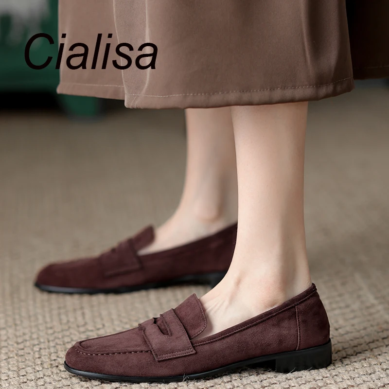 

Cialisa Newest Women's Shoes 2022 Spring Autumn Concise Round Toe Kid Suede Handmade Casual Lady Footwear Size 40 Apricot Flats