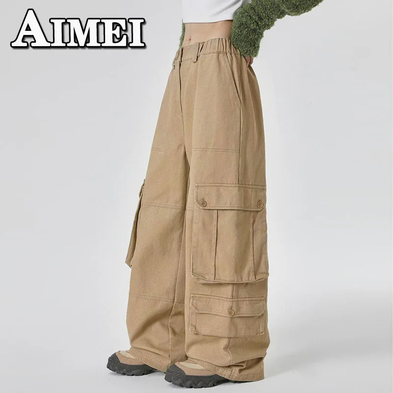 

Винтажные зимние новые женские повседневные мешковатые брюки-карго с широкими штанинами и высокой талией, джинсы Y2K, уличная одежда в Корей...