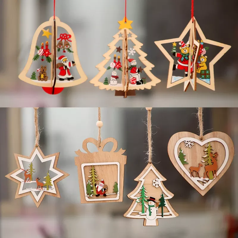 

New Year 2022 1PC 2D 3D Christmas Ornament Wooden Hanging Pendants Star Xmas Tree Bell Christmas Decorations For Home Navidad