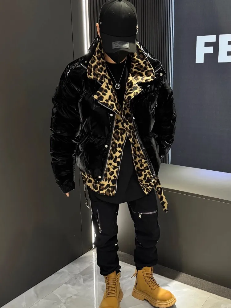 Зимнее мужское пальто модное лоскутное с леопардовым принтом искусственная