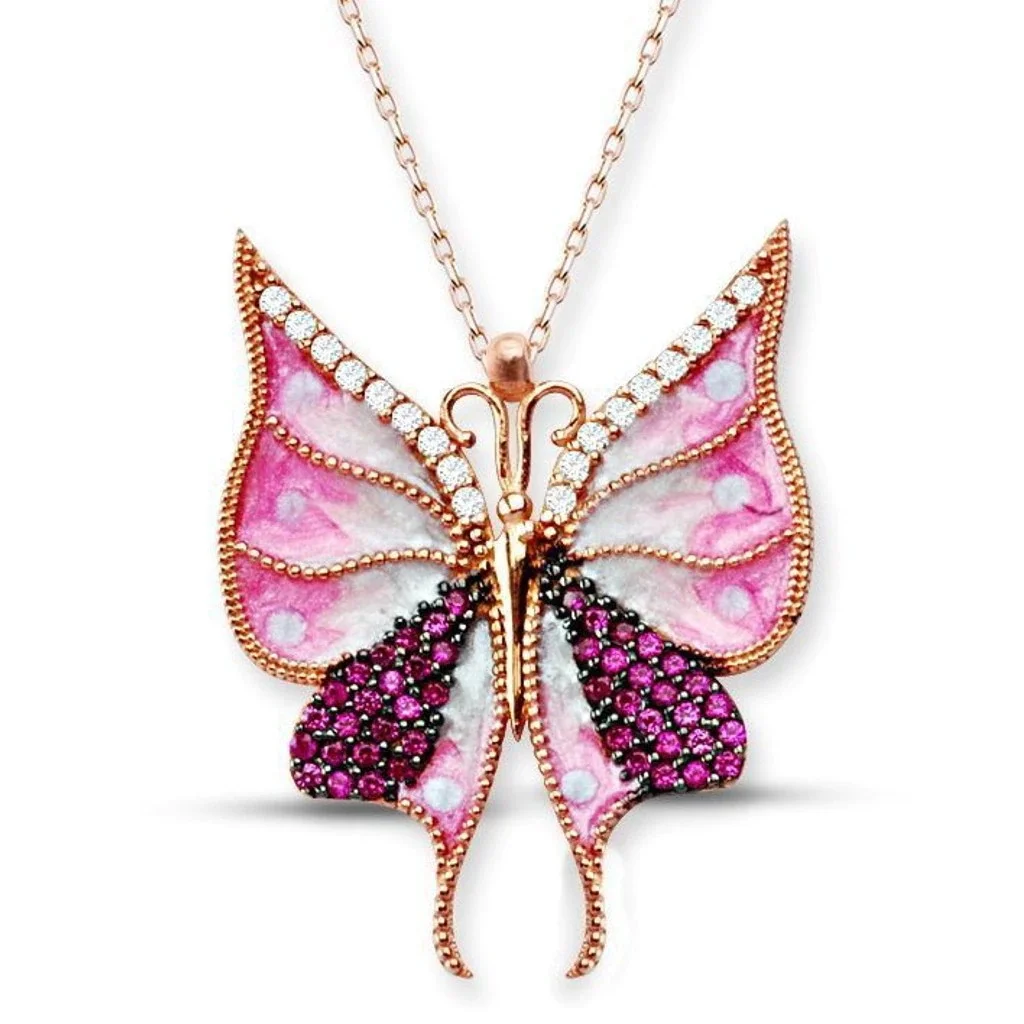 

925 sterling Silver Pink Enamel Butterfly Necklace Women Silver Necklace