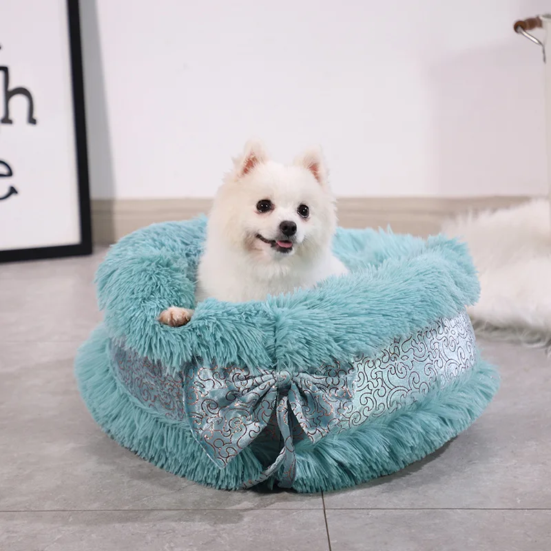 

1PC Plush Winter pet bed cotton filling soft warm dog beds for large dogs round S/M/L/XL butterfly knot design puppy cat kennel