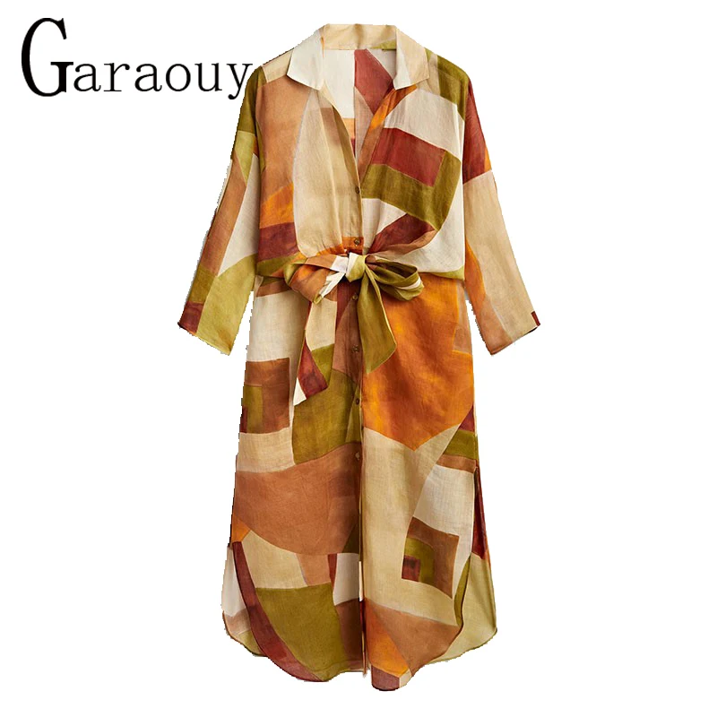 

Garaouy 2022 Autumn Woman Casual Midi Dress Long Sleeve Single-Breasted Slit Print Vintage Bow Elegant Dresses Female Chic Robe