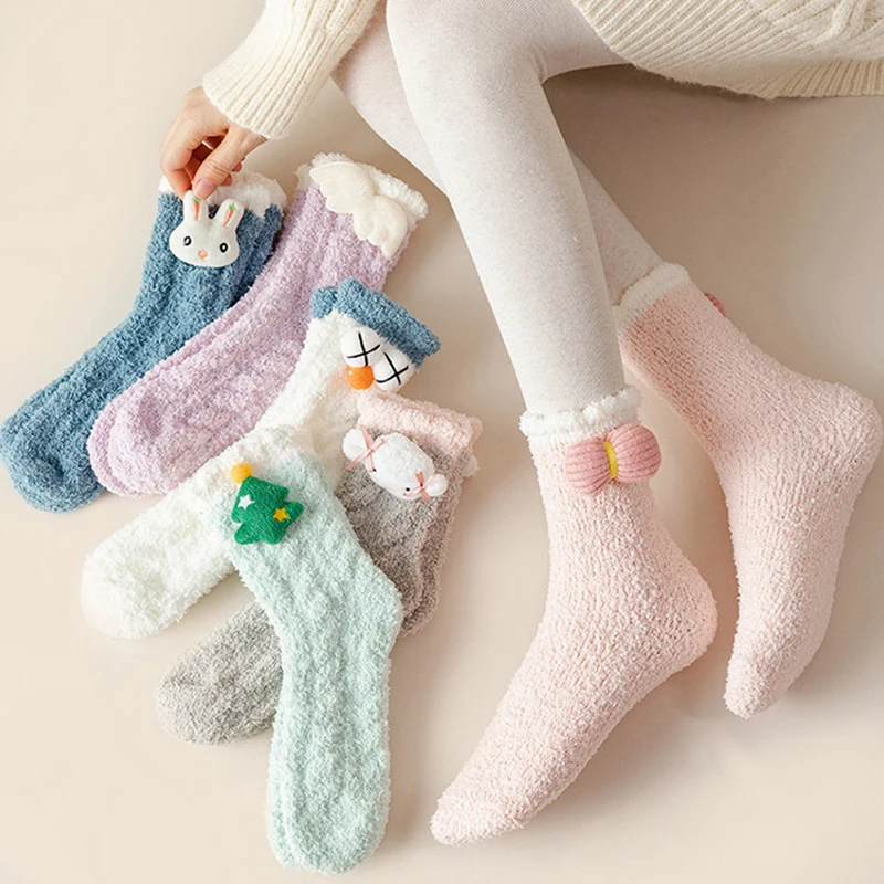 

Coral Fleece Winter Mid Socks Warm Cold Resistance Plus Velvet Thick Socks Kawaii Candy Color Cotton Floor Sleep Socks