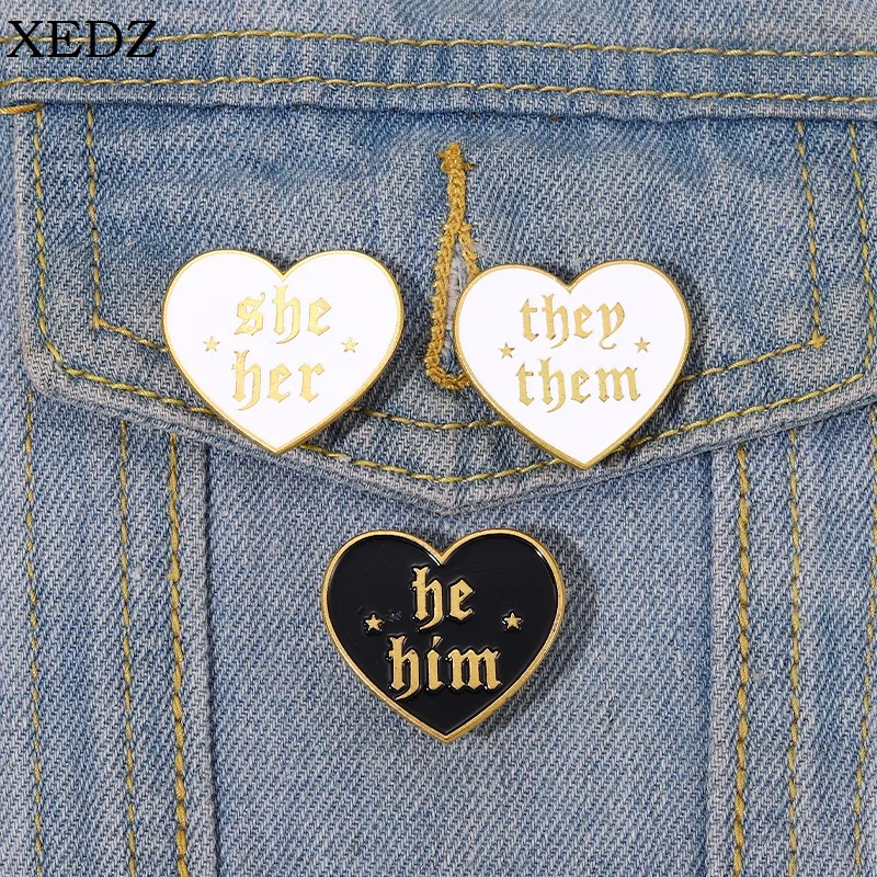 

Fashion Heart Pronoun Enamel Pin He/Him She/Her Brooch Denim Backpack Lapel Couple Badge Jewelry Gifts for Friends Kids
