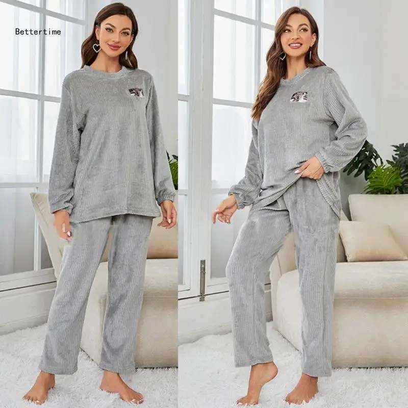 

B36D Womens Winter Warm Pajamas Set Coral Fleece Sleepwear Flannel Neck Long Sleeve Loungewear with Pockets