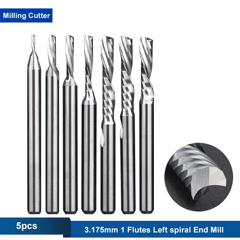

5 шт. 3 А 3,175 мм одиночный левый спиральный фрезерный станок с ЧПУ фреза с одной канавкой вниз резка Вольфрамовая сталь карбидная Концевая фре...
