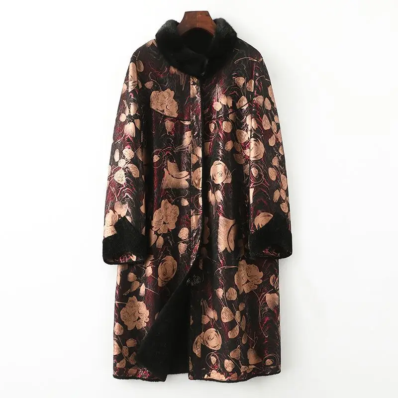 

Spring 2023 New Mink Fur Fur Women's Long Cashmere Vintage Print Fur Coat