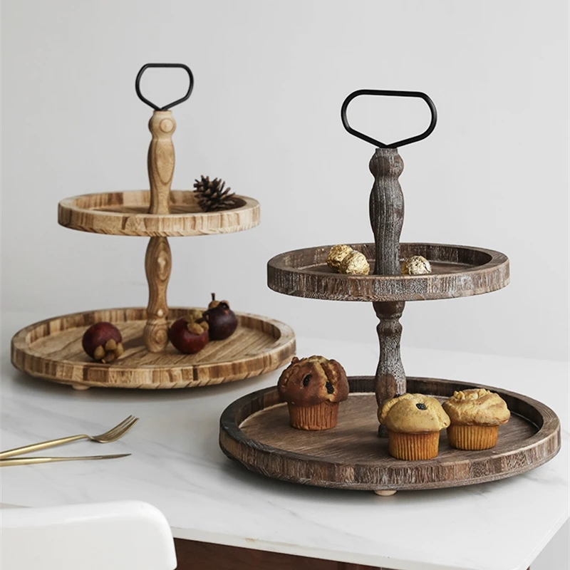 

Display Rack American Country Style Storage Tray Home Buffet Dessert Family Party Wooden Cake Double Layer Food Tray